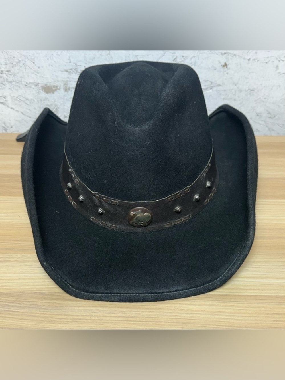 Scala Black Cowboy Hat with Studded Brown Band wool felt